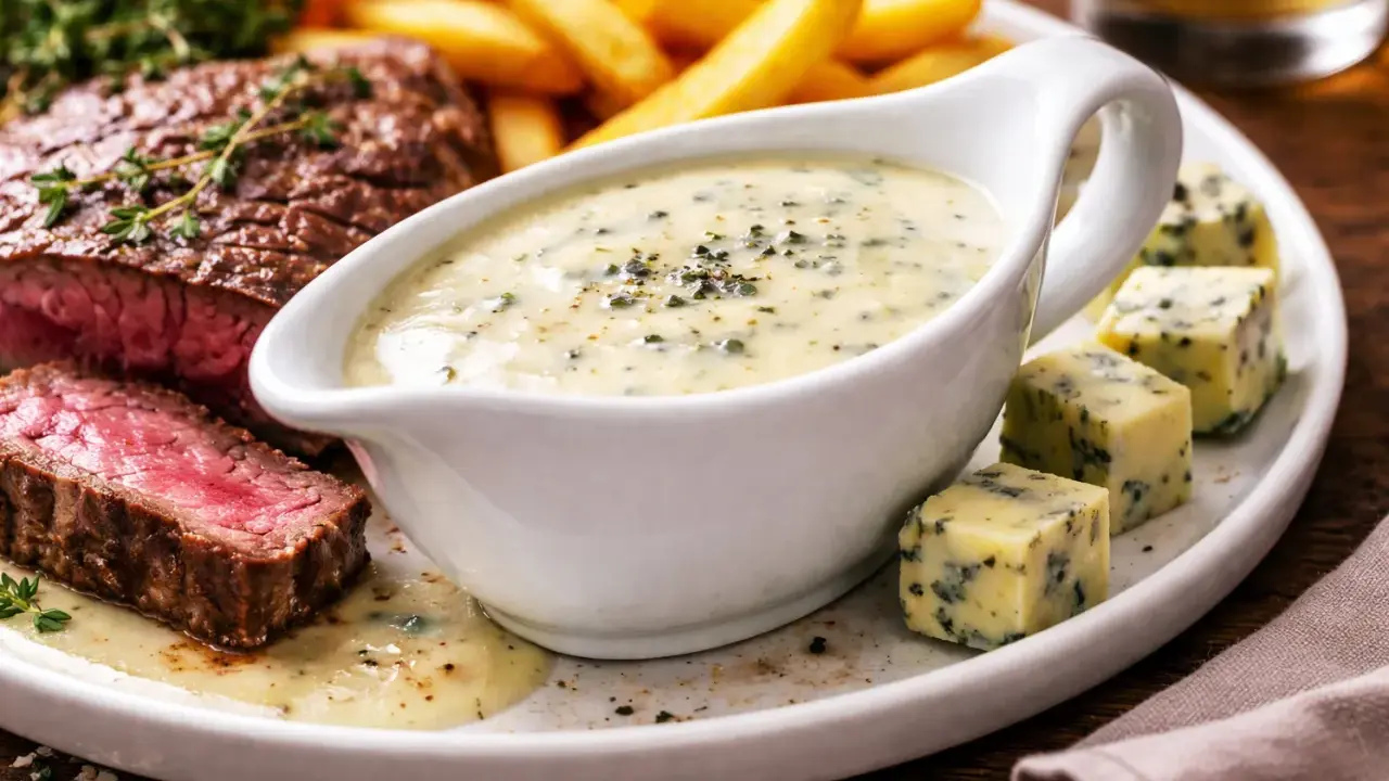 Steak juteux avec frites et une sauce au bleu crémeuse, parfaite pour accompagner.