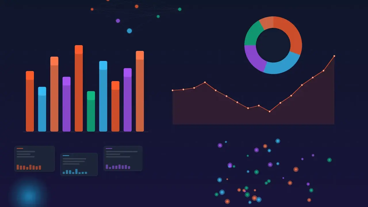Tableaux, graphiques et points colorés illustrant des données. Un futur ecole data analyst y trouverait son compte.
