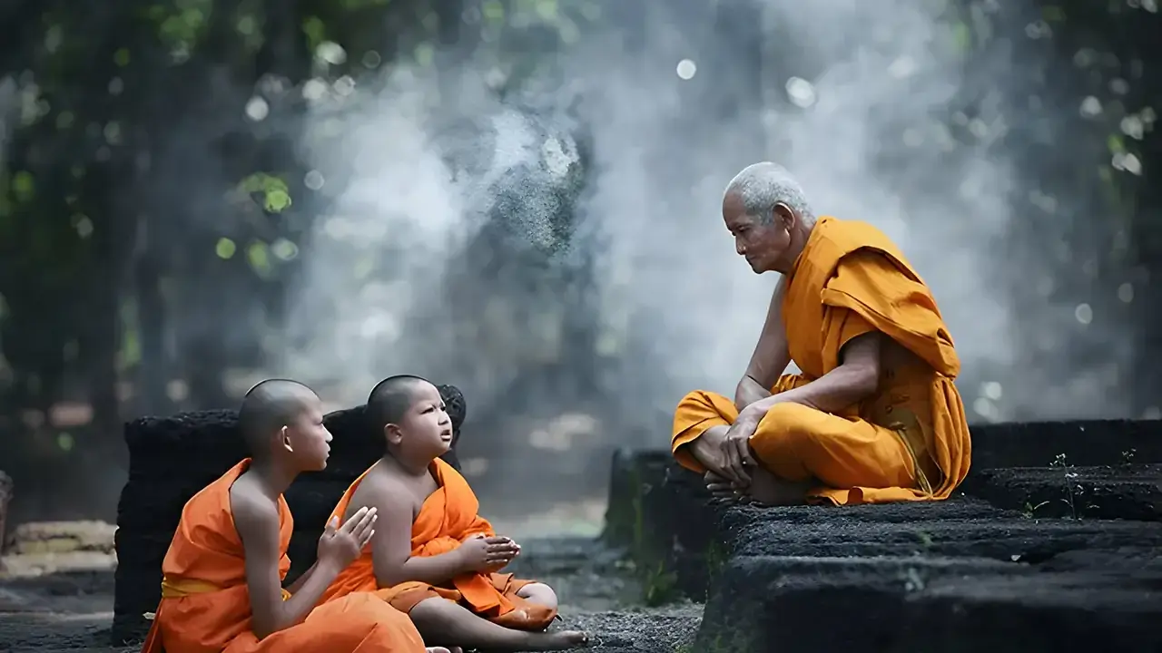 Äldre munk i orange kläder undervisar två unga munkar i en lugn miljö, en scen av buddhistisk puja.