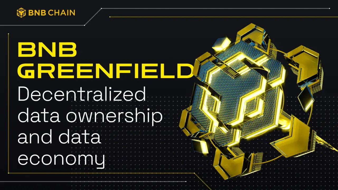 BNB Greenfield: zrewolucjonizowana decentralizacja danych i gospodarka danymi. Abstrakcyjny, geometryczny obiekt w kolorach żółtym i niebieskim.