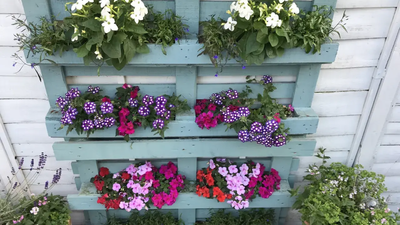 Jardinière en palette bleue peinte, remplie de fleurs blanches, violettes, roses et rouges. Guirlande lumineuse colorée au-dessus.