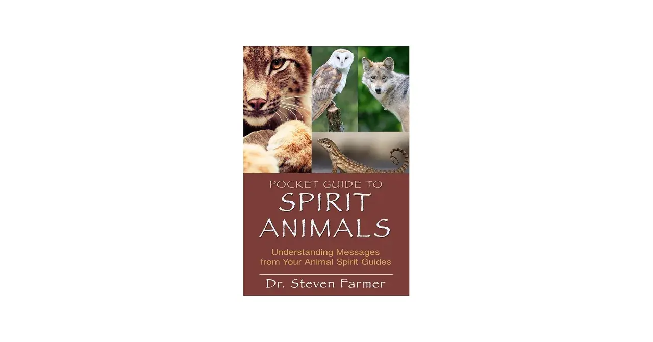 Okładka książki "Pocket Guide to Spirit Animals" z wizerunkami zwierząt mocy: rysia, sowy, wilka i jaszczurki.