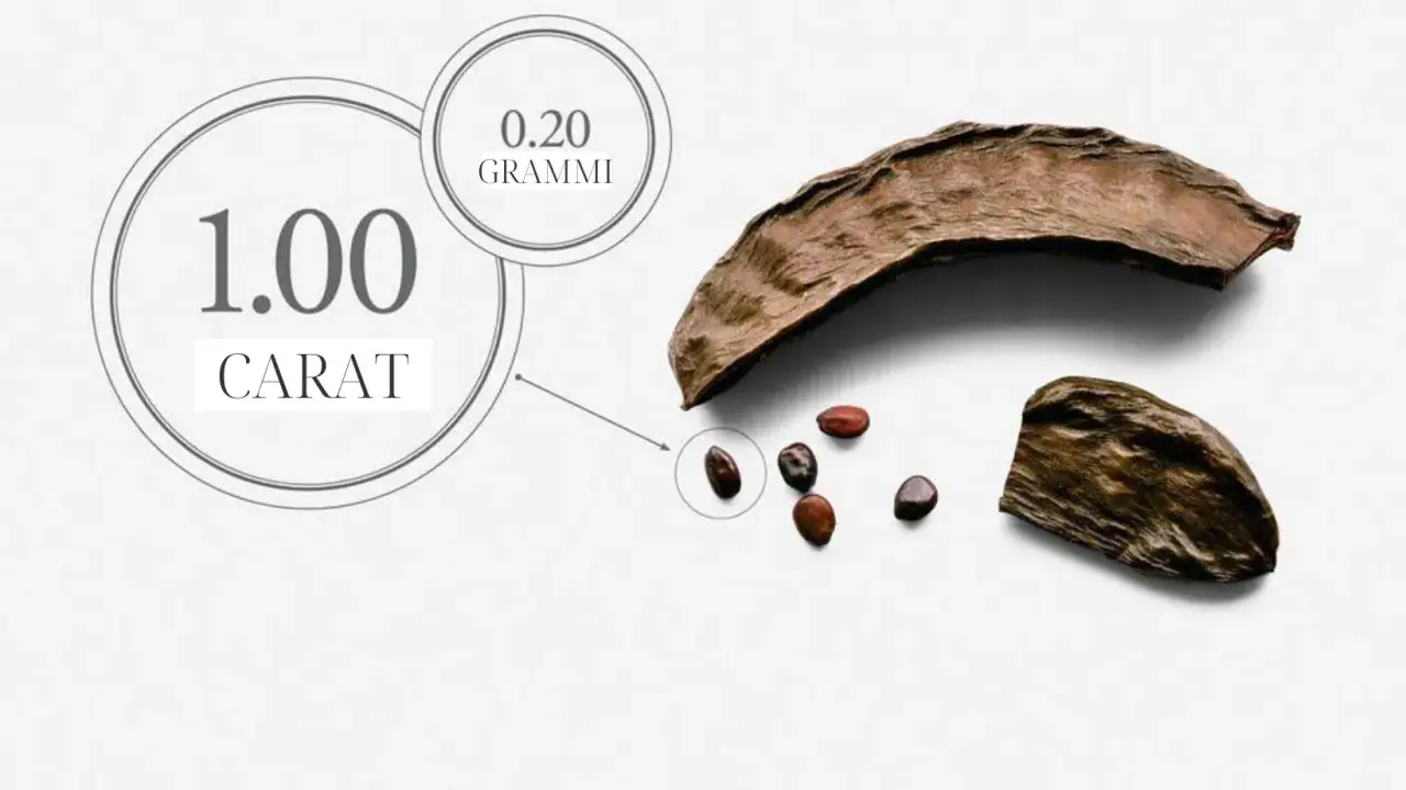 Il carrubo, da cui deriva il carato, mostra quanto è grande un carato: 1.00 carato equivale a 0.20 grammi.