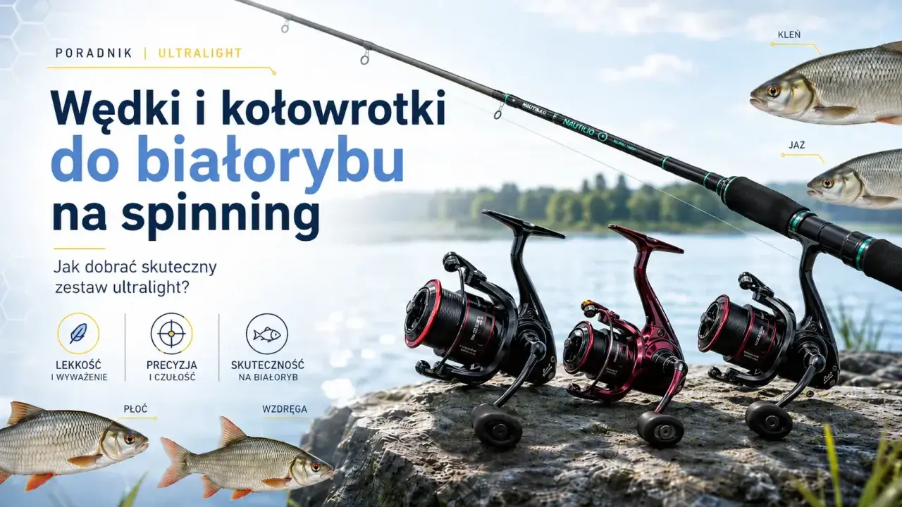 Jaka wędka na spinning? Poradnik ultralight o wędkach i kołowrotkach do białorybu. Zestaw z kołowrotkami i wędką na tle jeziora.