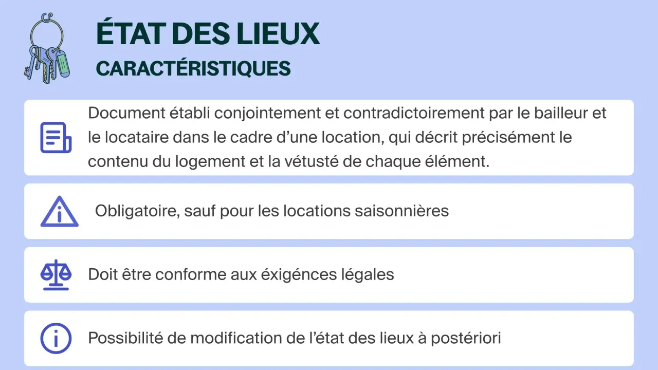 Icône de clés et titre "État des lieux". Le pré état des lieux décrit le logement et sa vétusté, est obligatoire et doit être conforme à la loi.