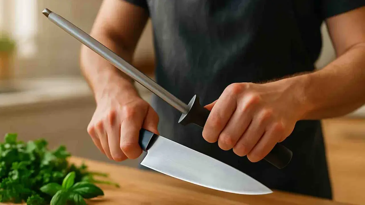 Persona afila un cuchillo con una chaira, preparándose para cortar hierbas frescas y un tomate en una tabla de madera.