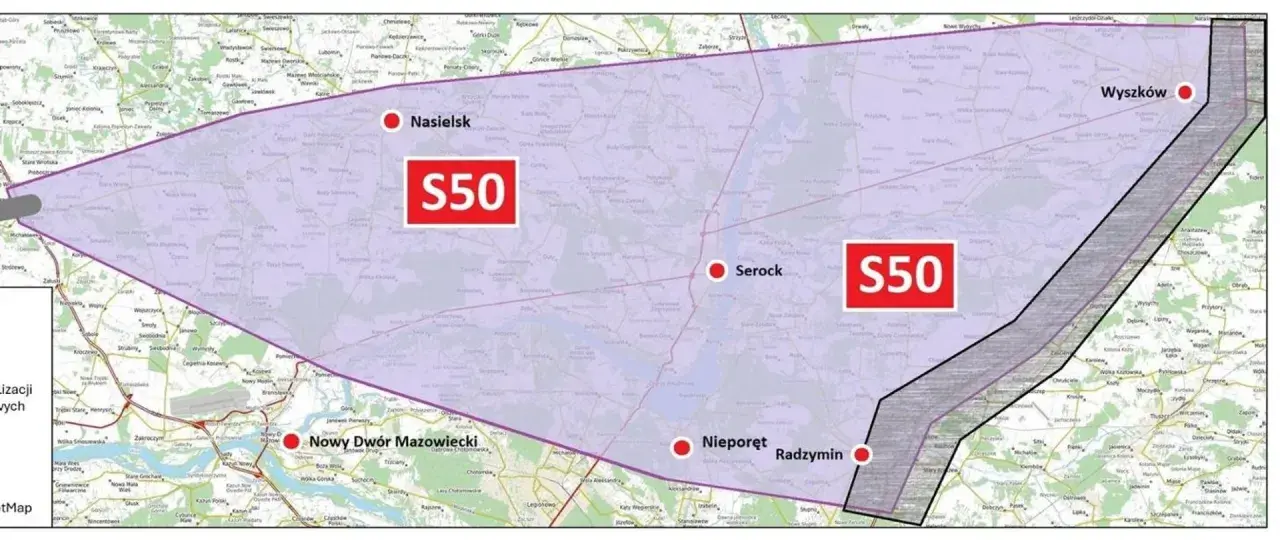 Mapa przedstawia przebieg planowanej trasy S50, zaznaczonej fioletową obwiednią, z kluczowymi punktami jak Nasielsk, Serock, Wyszków, Nieporęt i Nowy Dwór Mazowiecki.