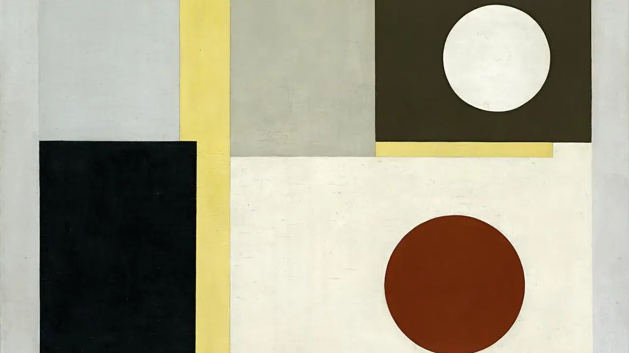 Abstract composition by Ben Nicholson featuring geometric shapes and circles in muted tones.