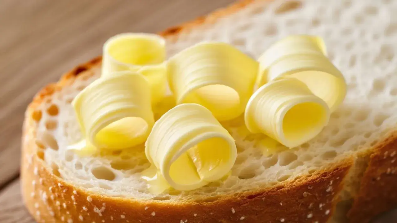 Ein Stück Brot mit aufgerollten Butterlocken. Die Butter schmilzt leicht und glänzt. Ein Genuss für den Gaumen, der an Kalium erinnert.