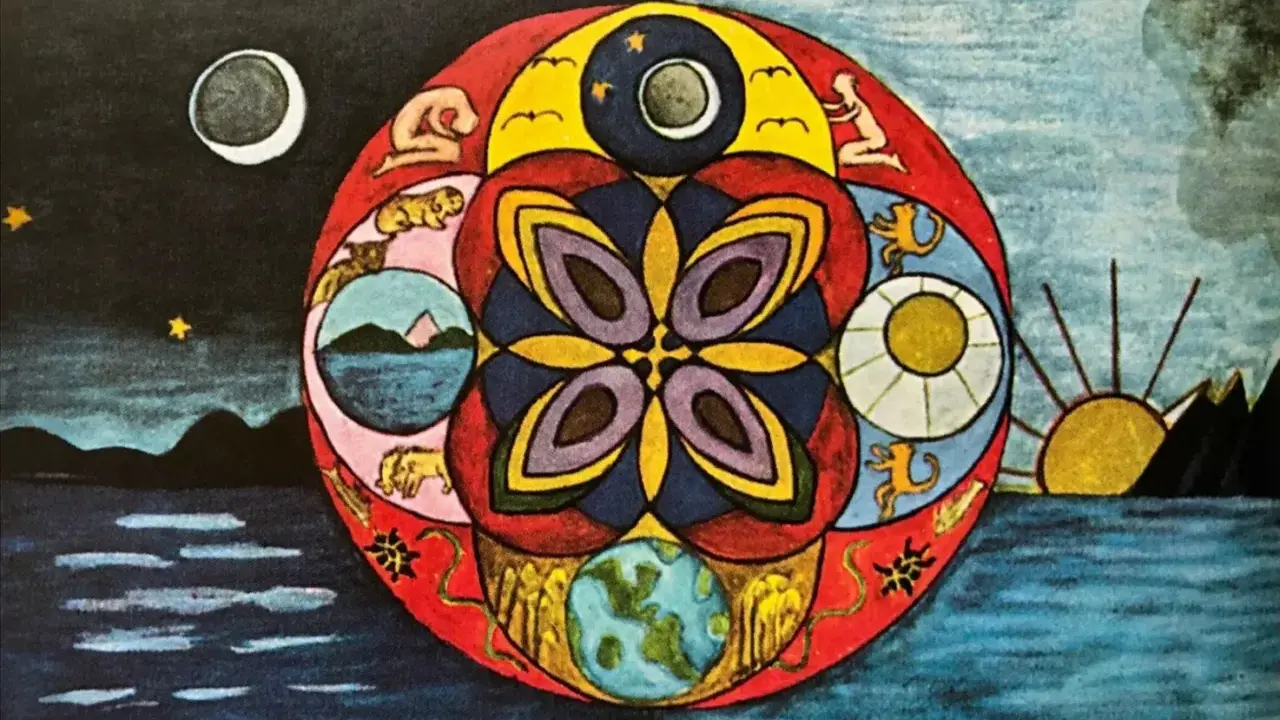 Mandala z symbolami dnia i nocy, ziemi i nieba, przypominająca karty **as kielichów tarot**.