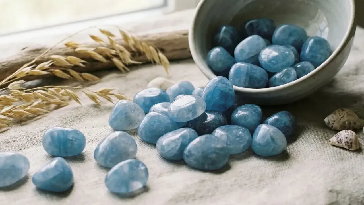 Tumbled quarzo blu, con il suo significato di calma e chiarezza, sparge serenità su un tessuto grezzo, accanto a spighe di grano e conchiglie.