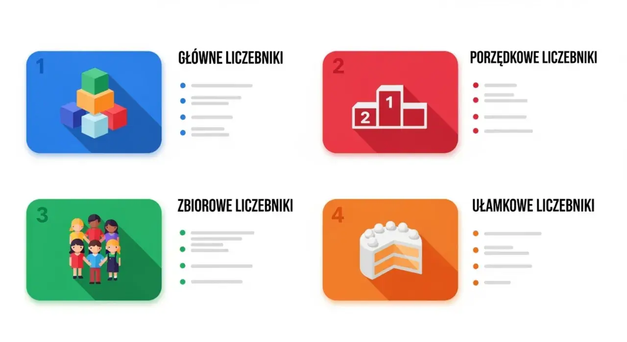 Cztery kategorie liczebników: główne (klocki), porządkowe (podium z 1 i 2), zbiorowe (grupa ludzi) i ułamkowe (tort).