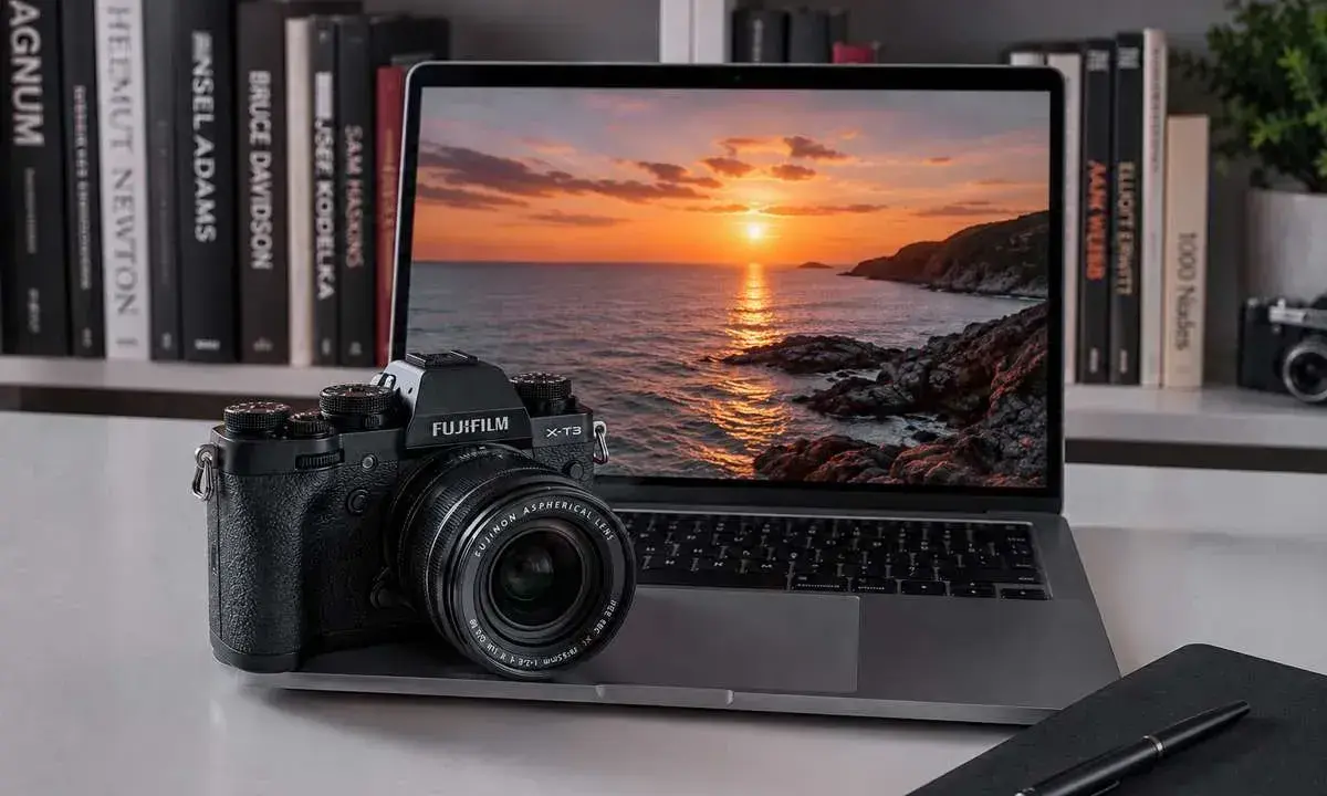 Fujifilm X-T3 accanto a un laptop con tramonto sul mare. Libri di fotografia sullo sfondo.