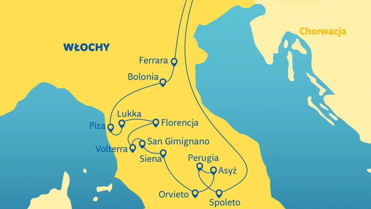 Mapa Włoch z zaznaczonymi miastami: Ferrara, Bolonia, Lukka, Florencja, Piza, Siena, Perugia, Asyż, Orvieto, Spoleto. Emilia Romagna widoczna na mapie.
