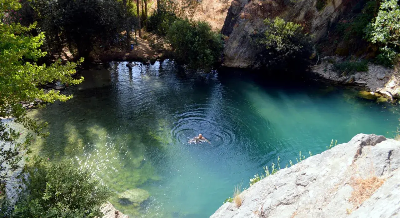 Ein Mann schwimmt im türkisfarbenen Wasser der Cueva del Gato, umgeben von Felsen und üppiger Vegetation.