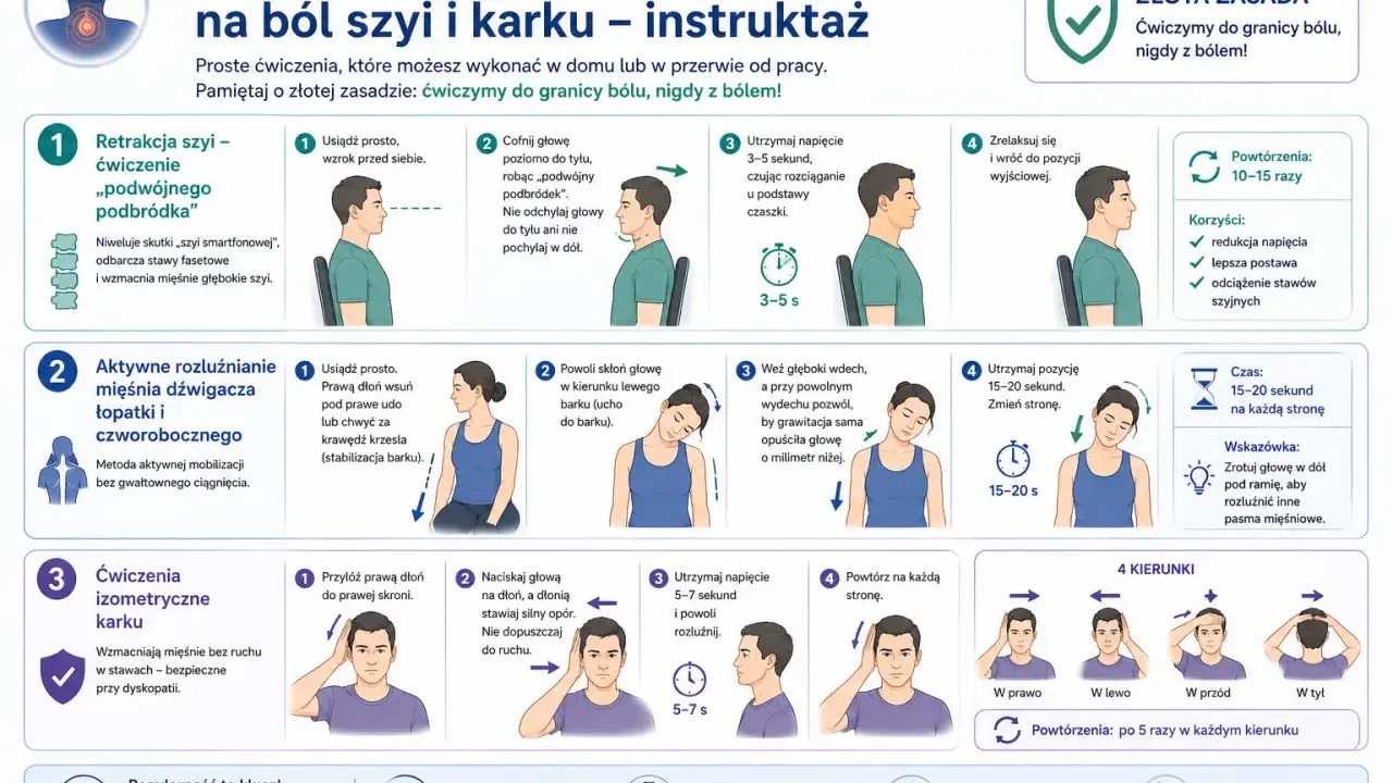 Ćwiczenia na ból szyi przy skręcaniu głowy: retrakcja, rozluźnianie mięśni, izometria. Pamiętaj: do granicy bólu, nigdy z bólem!