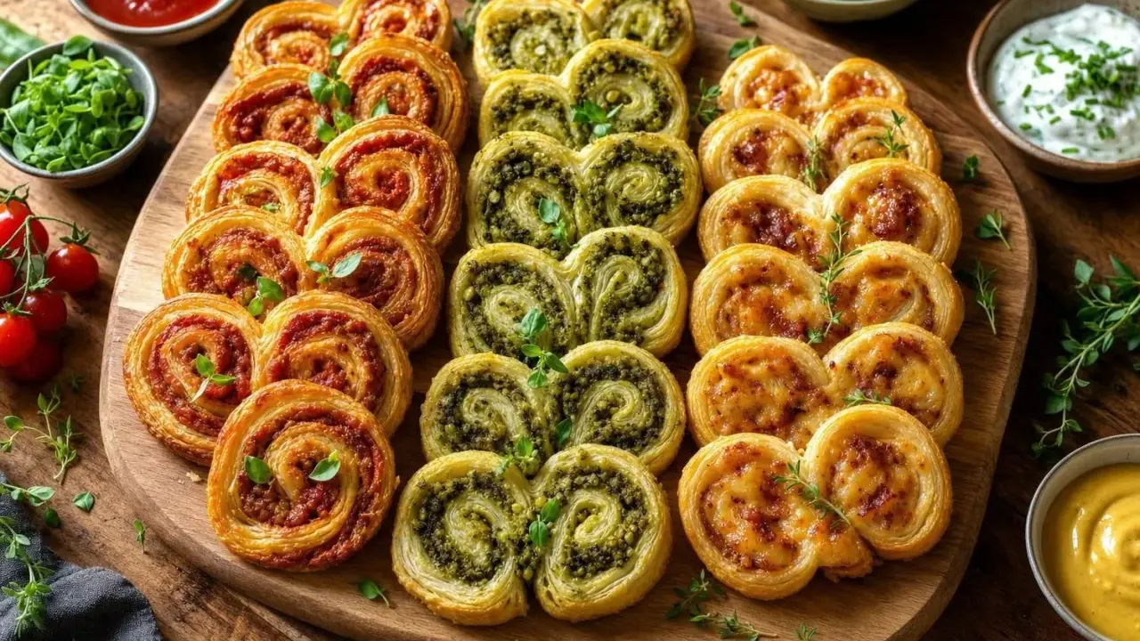 Plateau de feuilletés en forme de cœur, parfaits pour un apéro. Des palmiers à la tomate, au pesto et au fromage.