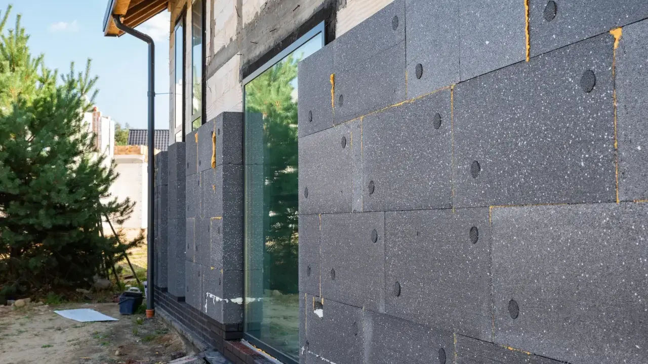 Graue Dämmplatten werden an der Hauswand angebracht, um das Haus zu isolieren.