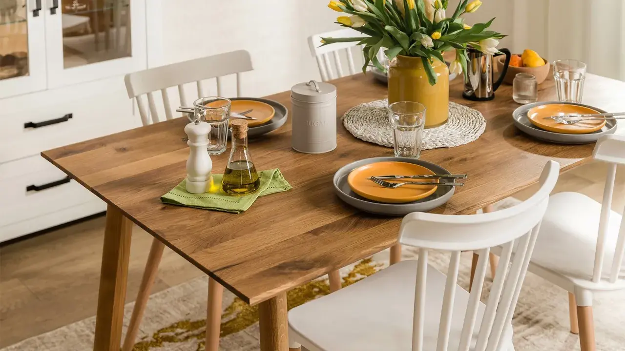 Elegancka, codzienna dekoracja stołu w salonie: drewniany blat, żółte tulipany, oliwa i przyprawy.