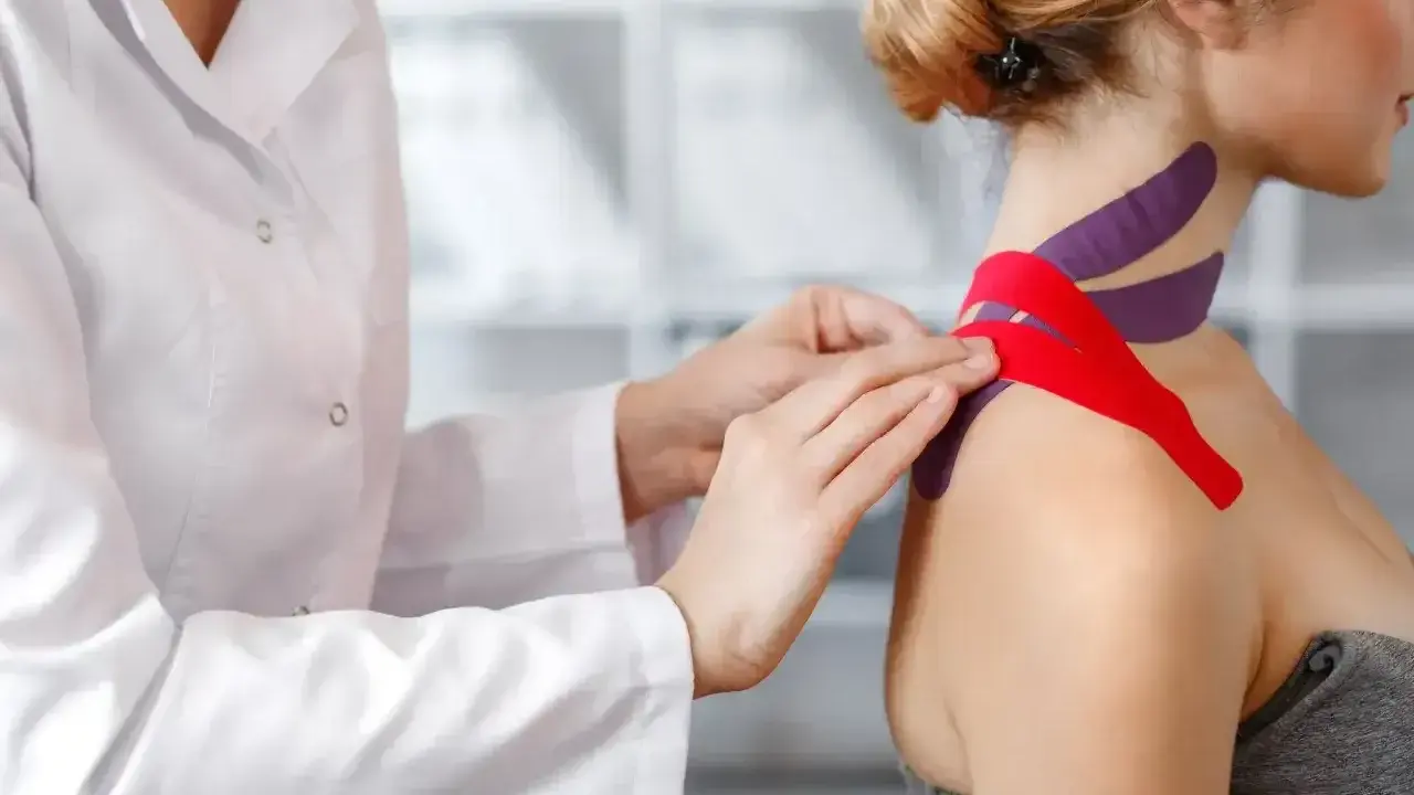 Fizjoterapeuta aplikuje czerwone i fioletowe tejpy na ramieniu i szyi pacjentki. Czy tejpy mogą zaszkodzić? Zastosowanie ich wymaga wiedzy.