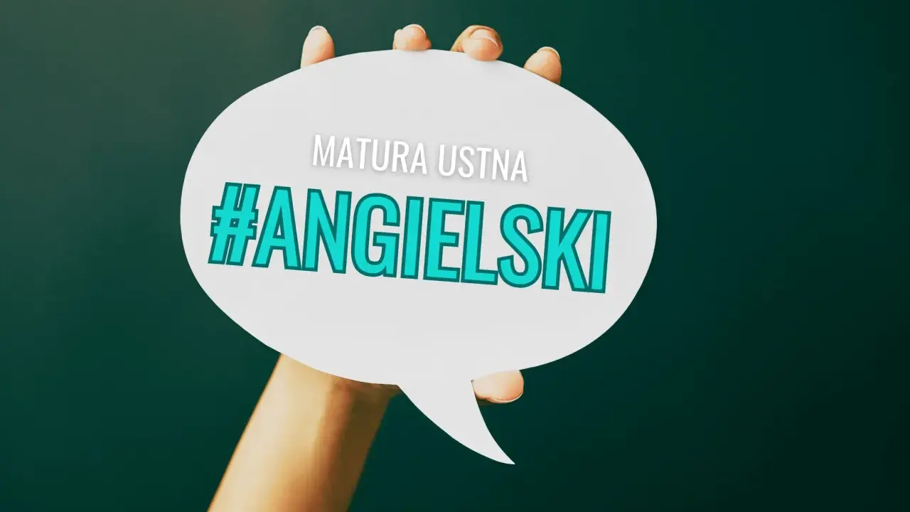 Dłoń trzyma dymek z napisem "MATURA USTNA #ANGIELSKI".
