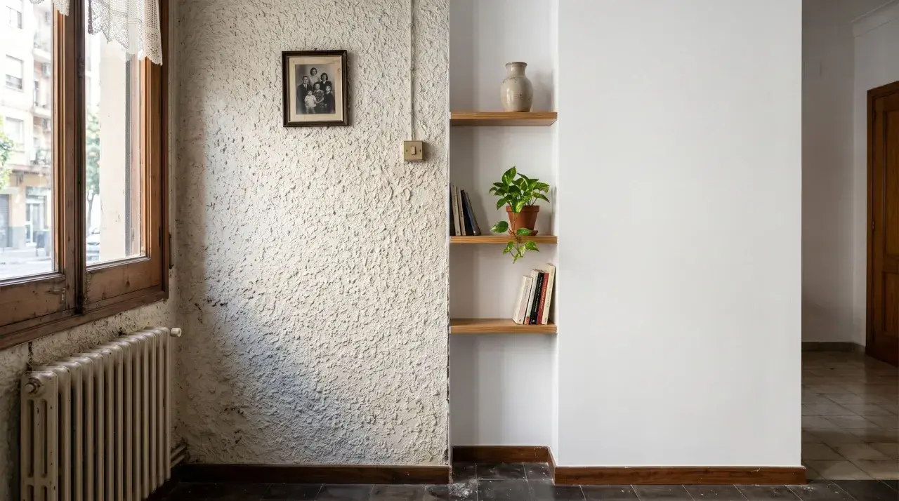 Un rincón con un radiador antiguo, un cuadro familiar y estanterías. La textura de la pared es rugosa, pero merece la pena quitar el gotelé para un acabado más liso.