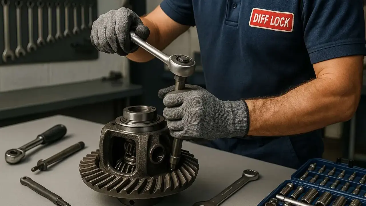 Mechanik w rękawiczkach naprawia dyferencjał kluczem.