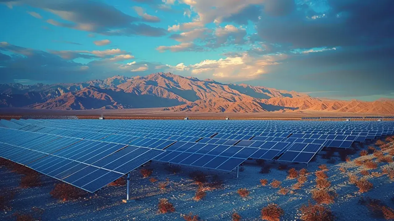 Vaste champ de panneaux solaires dans un paysage désertique, avec des montagnes en arrière-plan. Un panneau solaire hydraulique capte l'énergie du soleil.