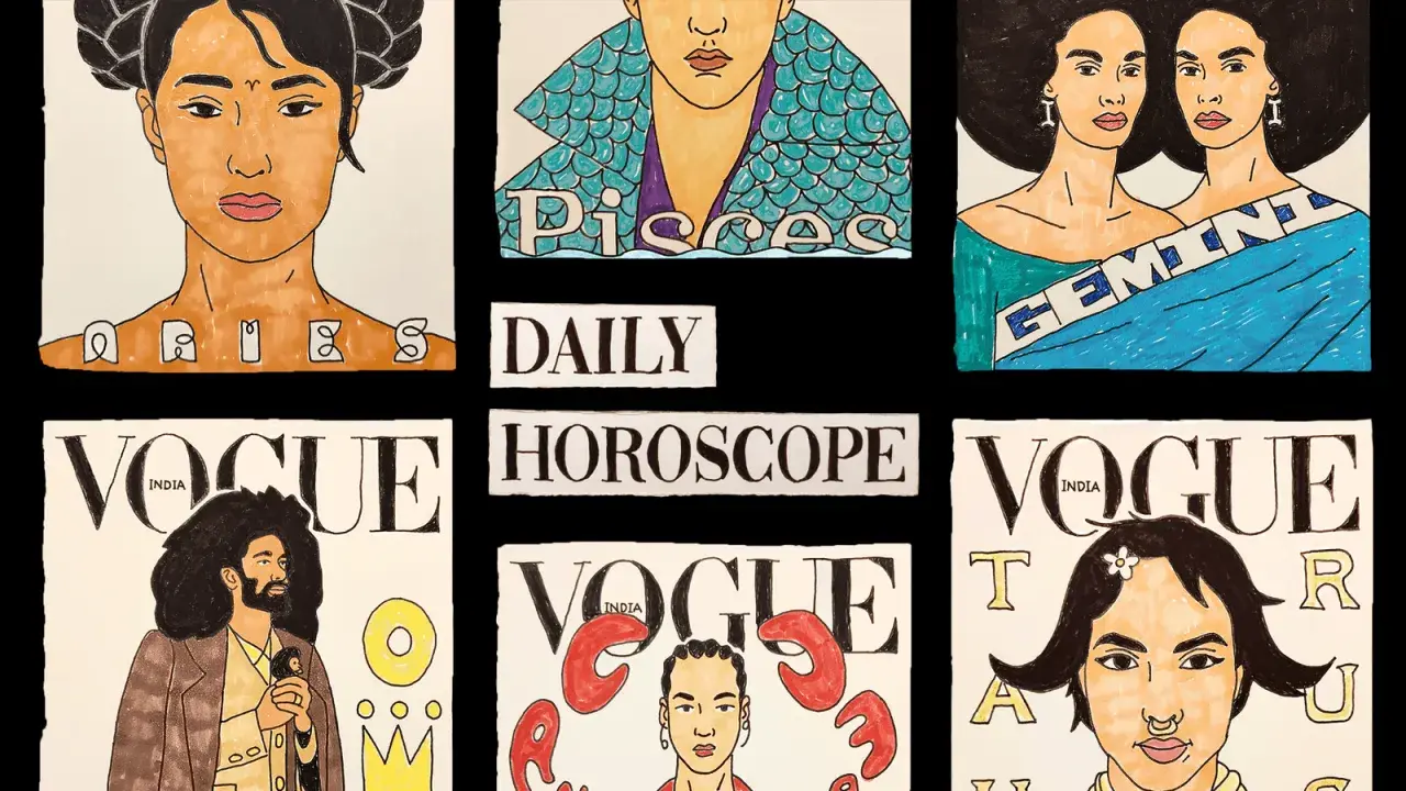 Ilustracje zodiakalnych okładek Vogue, w tym bliźniąt, z napisem "Daily Horoscope".