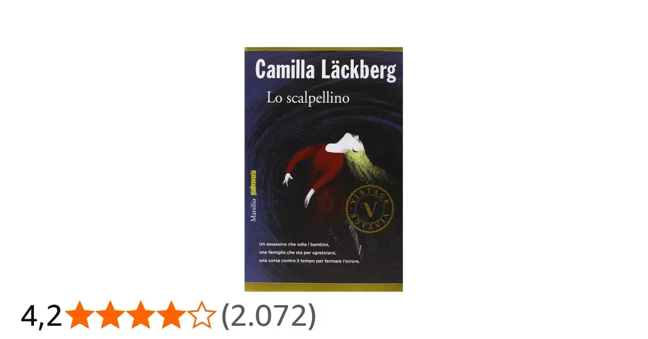 Copertina del libro "Lo scalpellino" di Camilla Läckberg, ultimo libro della serie, con un'illustrazione drammatica e la trama che promette suspense.