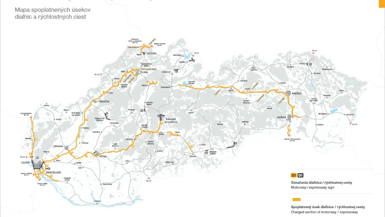 Mapa autostrad i dróg ekspresowych na Słowacji. Zaznaczone są odcinki płatne i bezpłatne.