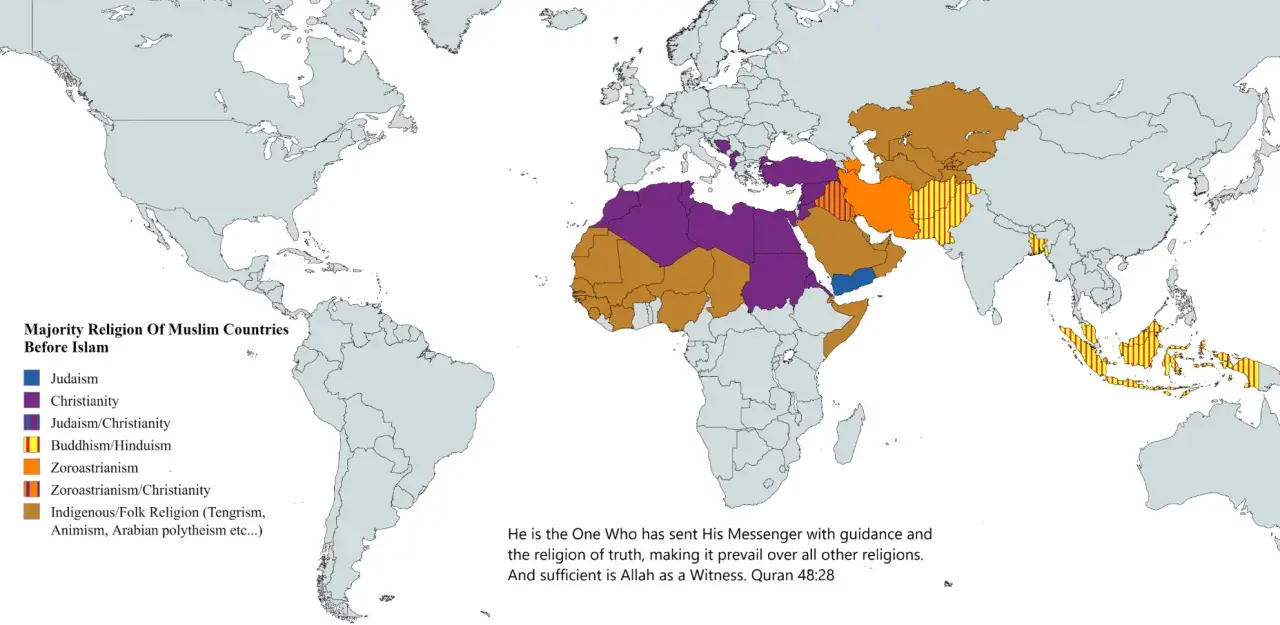 Weltkarte zeigt Mehrheitsreligionen in muslimischen Ländern vor dem Islam. Arabische Länder vorwiegend mit indigener Religion oder Christentum.