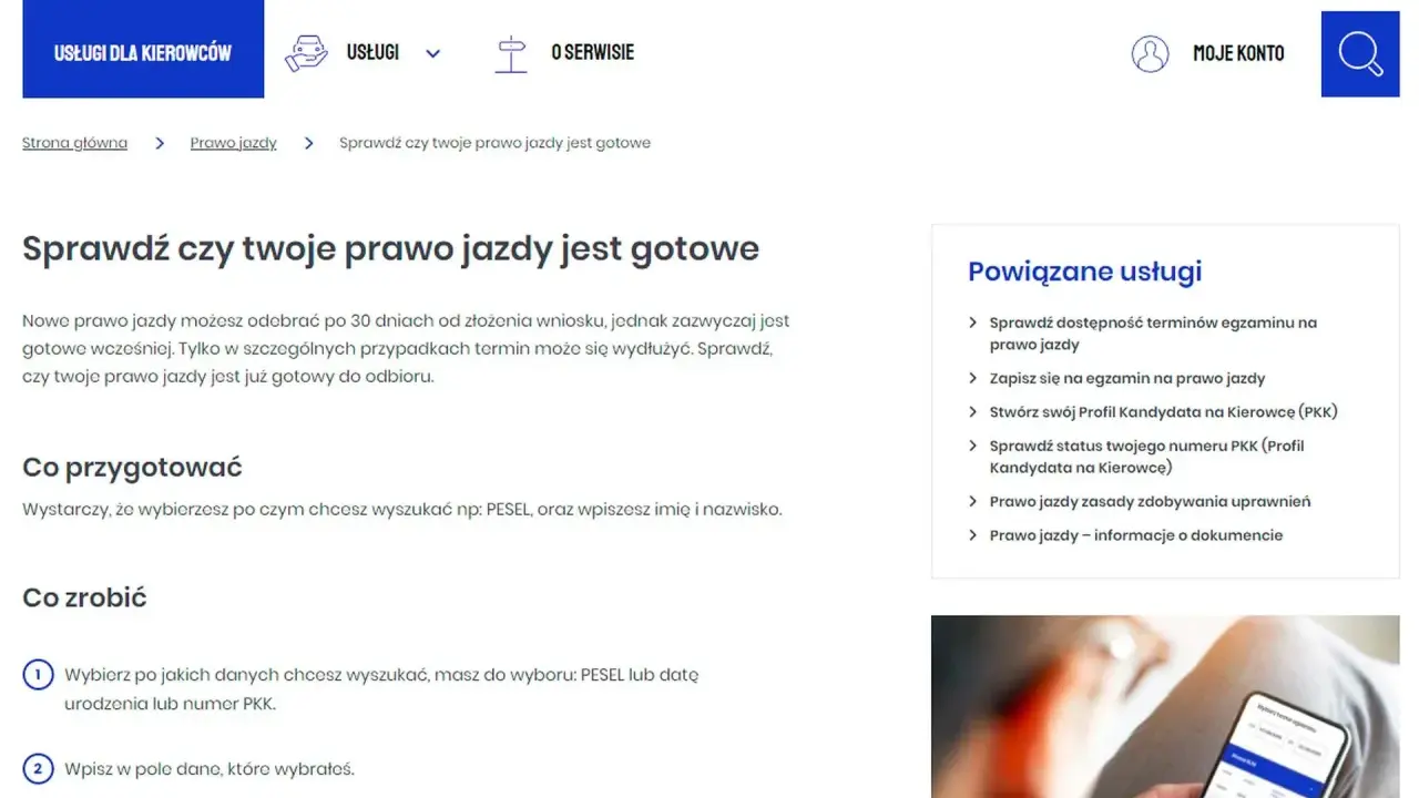 Strona info-car.pl pozwala sprawdzić status PKK (Profilu Kandydata na Kierowcę) i czy prawo jazdy jest gotowe do odbioru.