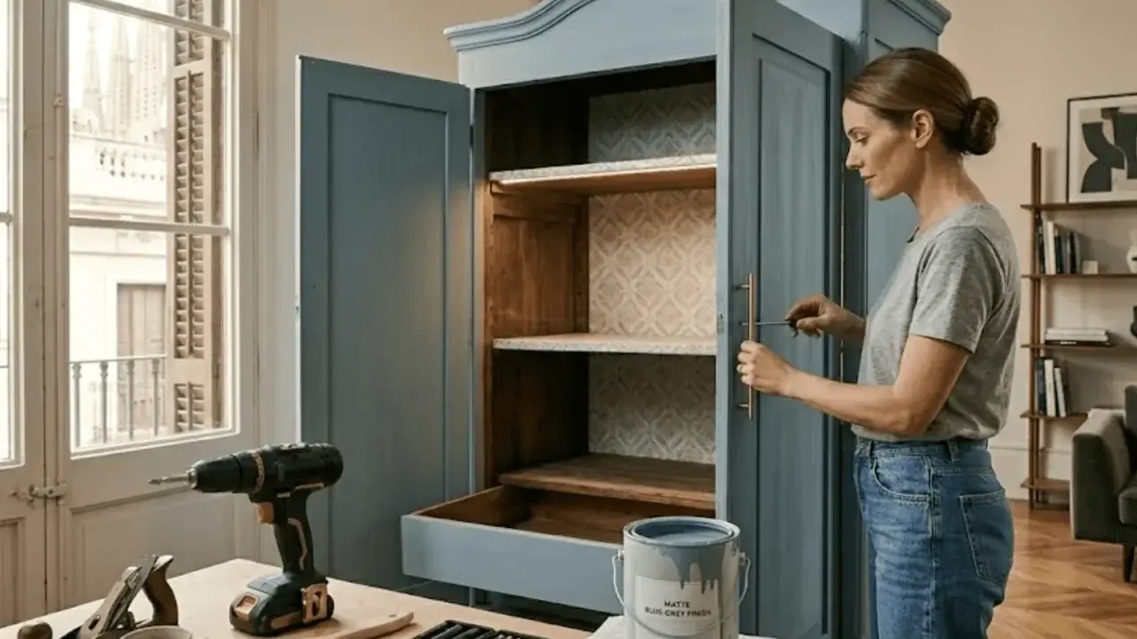 Mujer renovando un armario de madera, lista para pintar. Herramientas y pintura azul grisáceo a mano.
