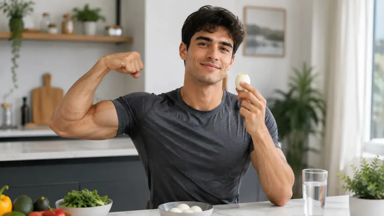 Muskulöser Mann zeigt Bizeps und hält ein gekochtes Ei. Er setzt auf proteinreiche Ernährung mit Ei für seine Fitness.