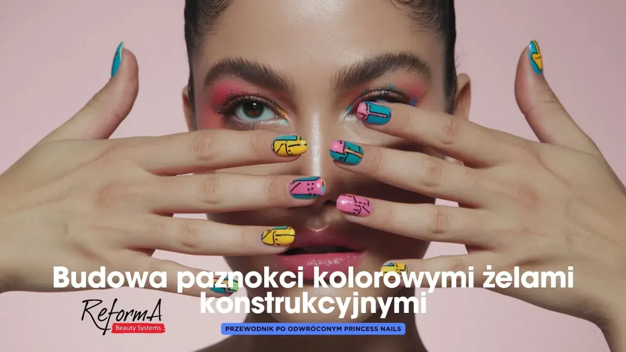 Paznokcie indigo inspiracje: kolorowe, geometryczne wzory na paznokciach w odcieniach różu, żółci i turkusu.