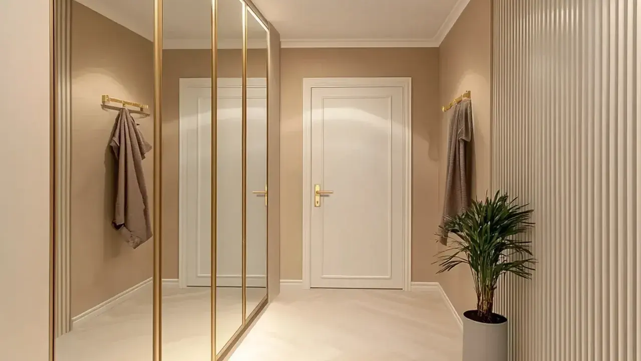 Elegancki przedpokój inspiracje ściany: lustrzana szafa, sztukateria i subtelne oświetlenie tworzą przytulną przestrzeń.