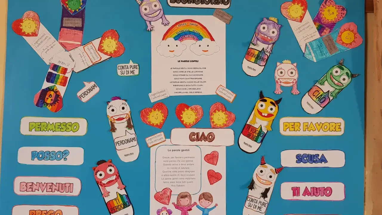 Un collage colorato con mostriciattoli sorridenti e cuori, che celebra "il sacco delle parole gentili" come gentilezza, grazie, scusa e per favore.