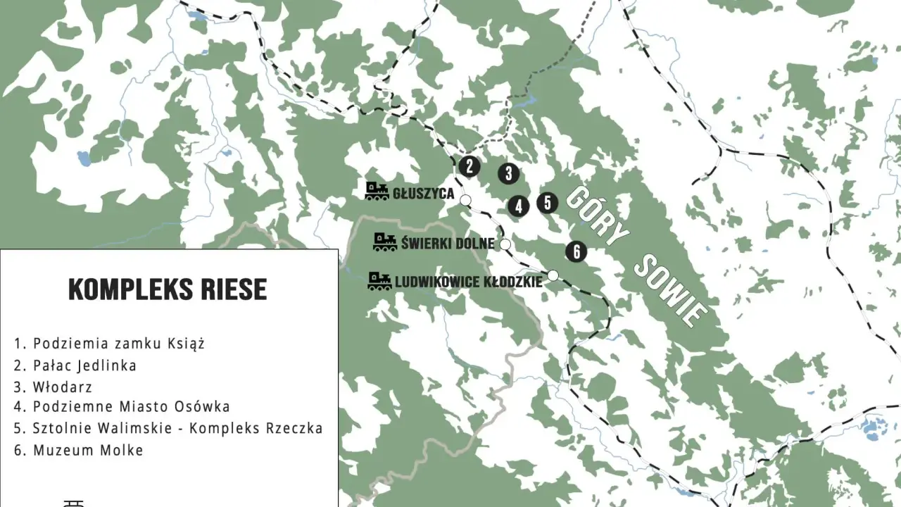 Mapa turystyczna przedstawiająca Kompleks Riese w Górach Sowich, z zaznaczonymi atrakcjami: Podziemia Zamku Książ, Pałac Jedlinka, Włodarz, Podziemne Miasto Osówka, Sztolnie Walimskie i Muzeum Molke.