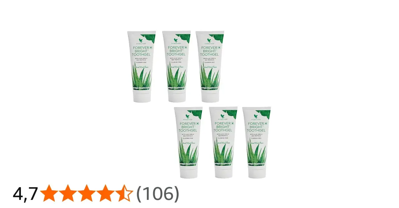 Siedem tubek pasty do zębów aloesowej Forever Bright Toothgel, z wizerunkiem aloesu i miętowym smakiem.