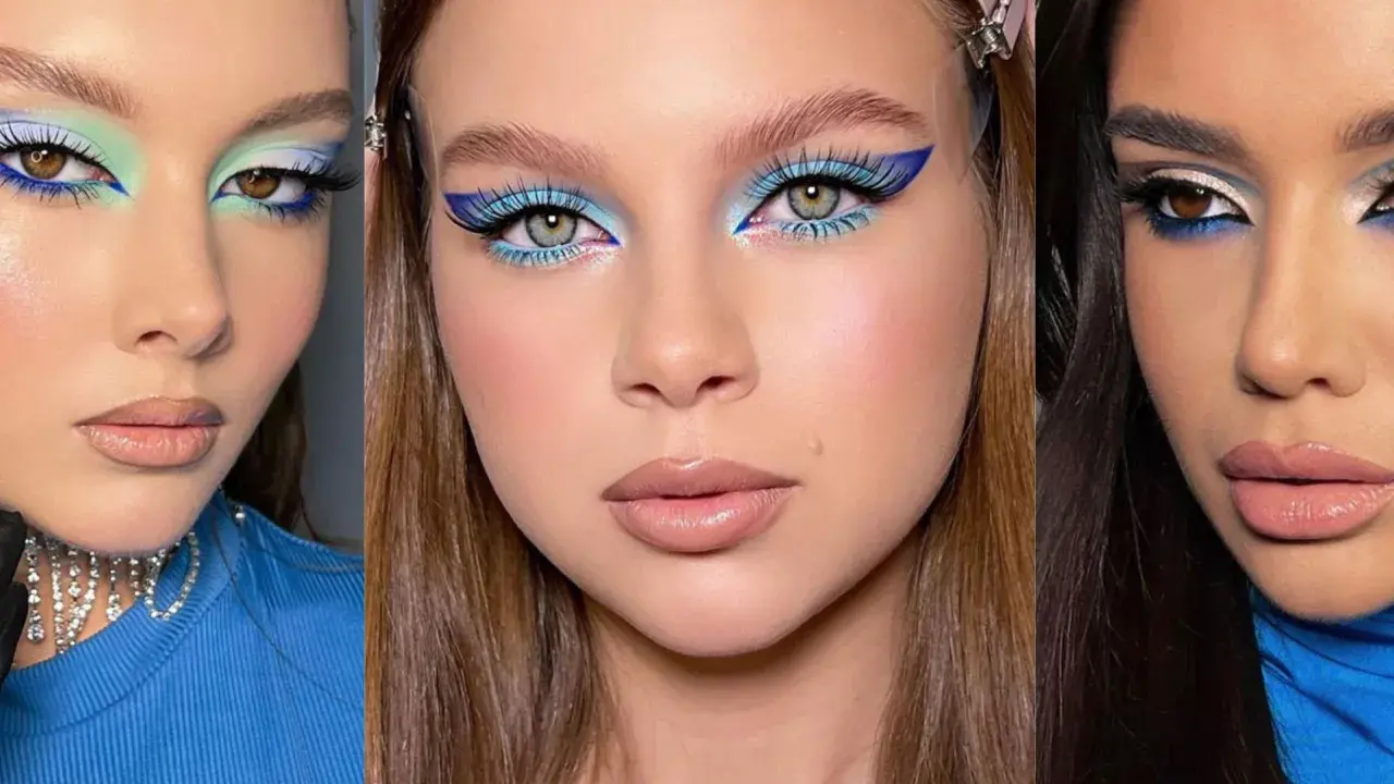 Tres looks de maquillaje para vestido azul: delineado gráfico, sombras celestes y toques de verde menta.