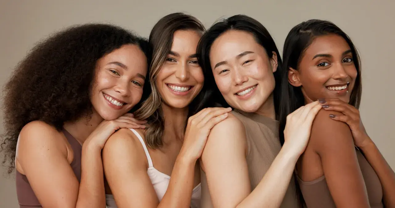 Quatre femmes souriantes aux teints variés, partageant un moment de complicité. Leur peau rayonne, signe qu'elles savent comment hydrater sa peau en profondeur.