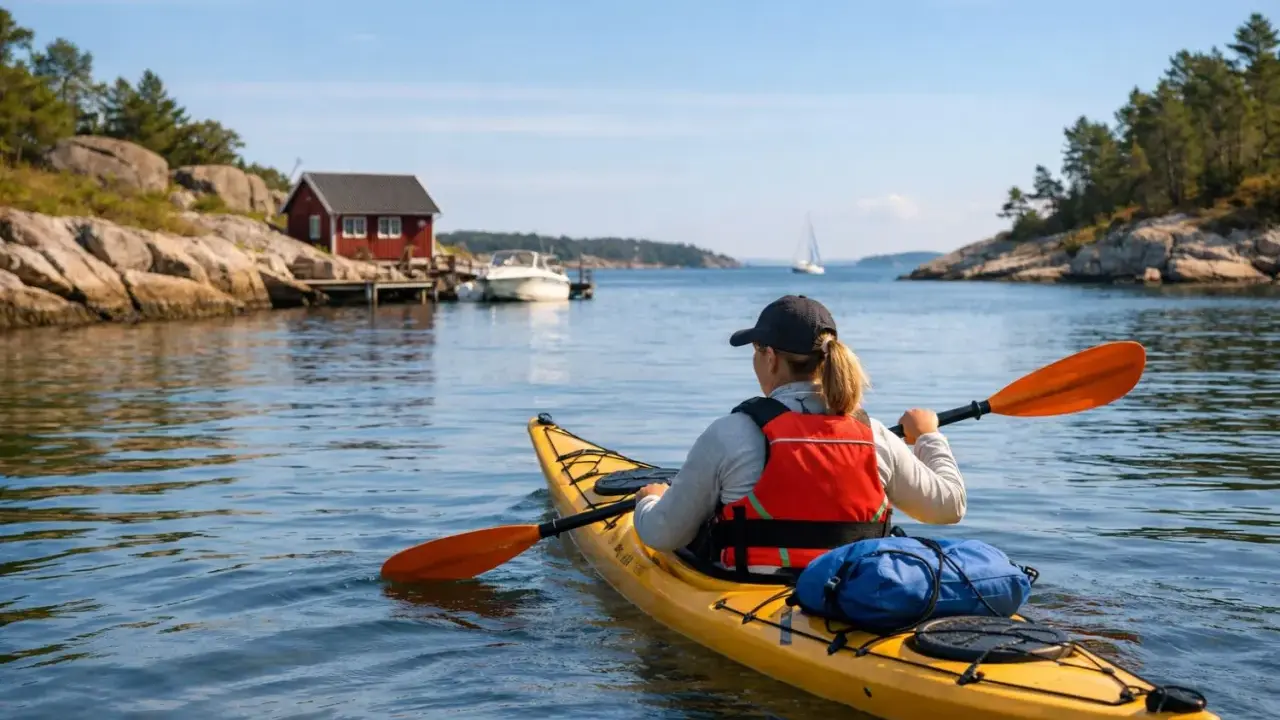 En person i gul kajak njuter av att **padla kajak** i en vacker skärgårdsmiljö med röda hus och segelbåt i bakgrunden.