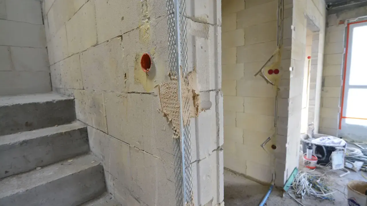 Schody betonowe, ściany z bloczków, instalacja elektryczna i siatka tynkarska – to kolejność prac na budowie.