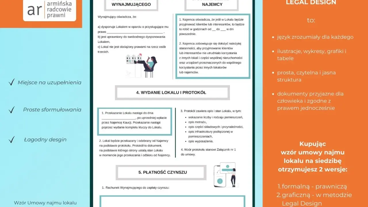 Wzór umowy użyczenia lokalu w wersji Legal Design. Dokument zawiera oświadczenia stron, protokół zdawczo-odbiorczy i informacje o płatności czynszu.