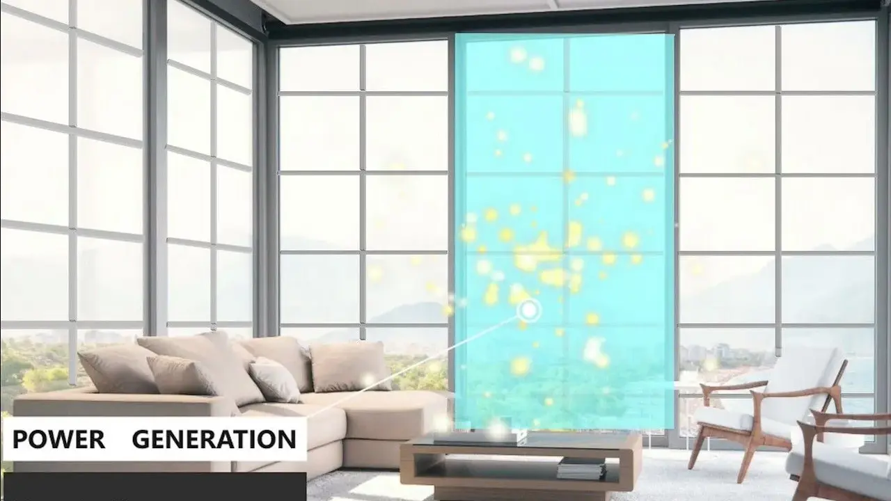Ventajas del vidrio: una ventana moderna genera energía, iluminando el espacio con partículas brillantes.