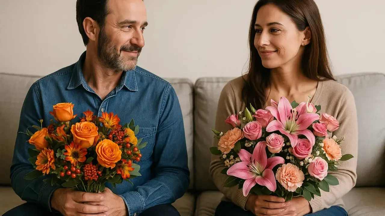 Un couple échange des sourires, chacun tenant un bouquet. Les fleurs, aux couleurs vives, portent une belle signification.