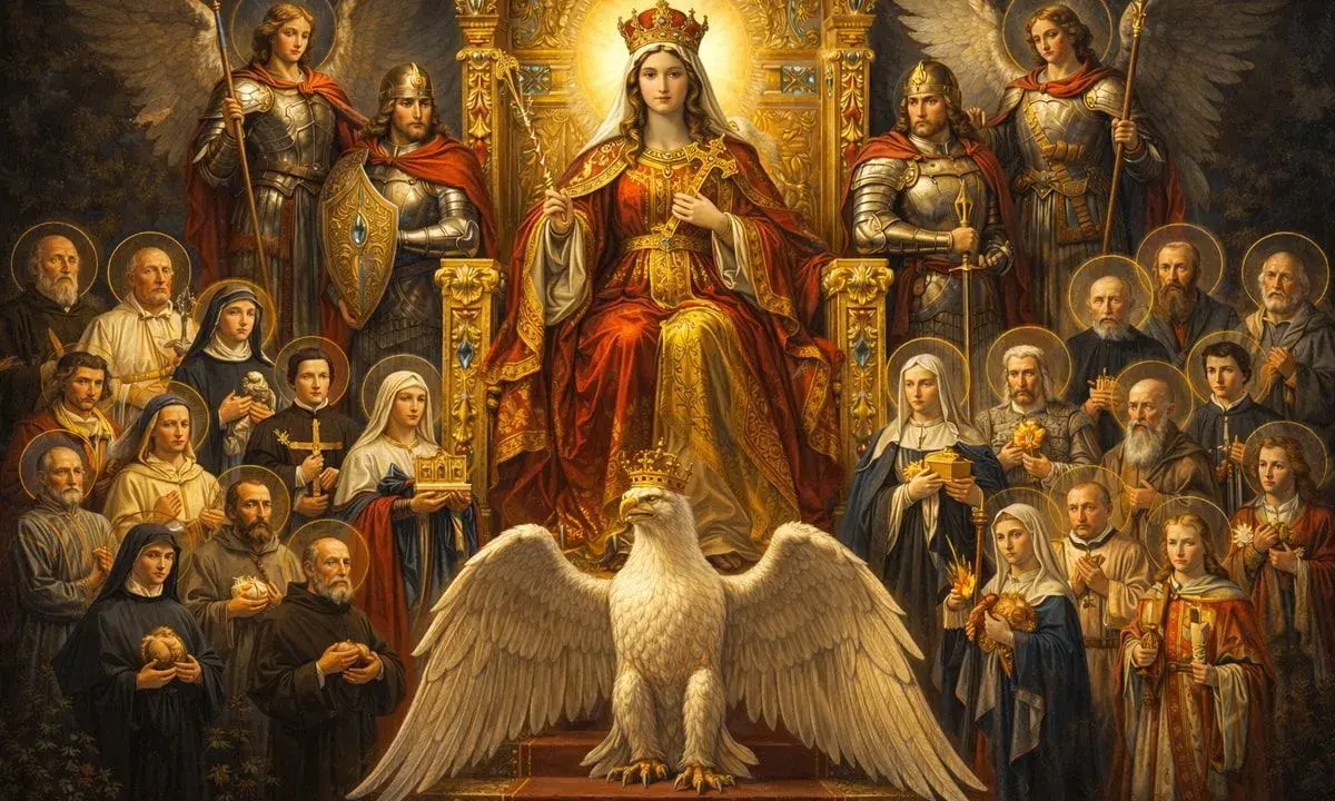 Z dawna polski tyś królową, w otoczeniu świętych i aniołów, z orłem u stóp.