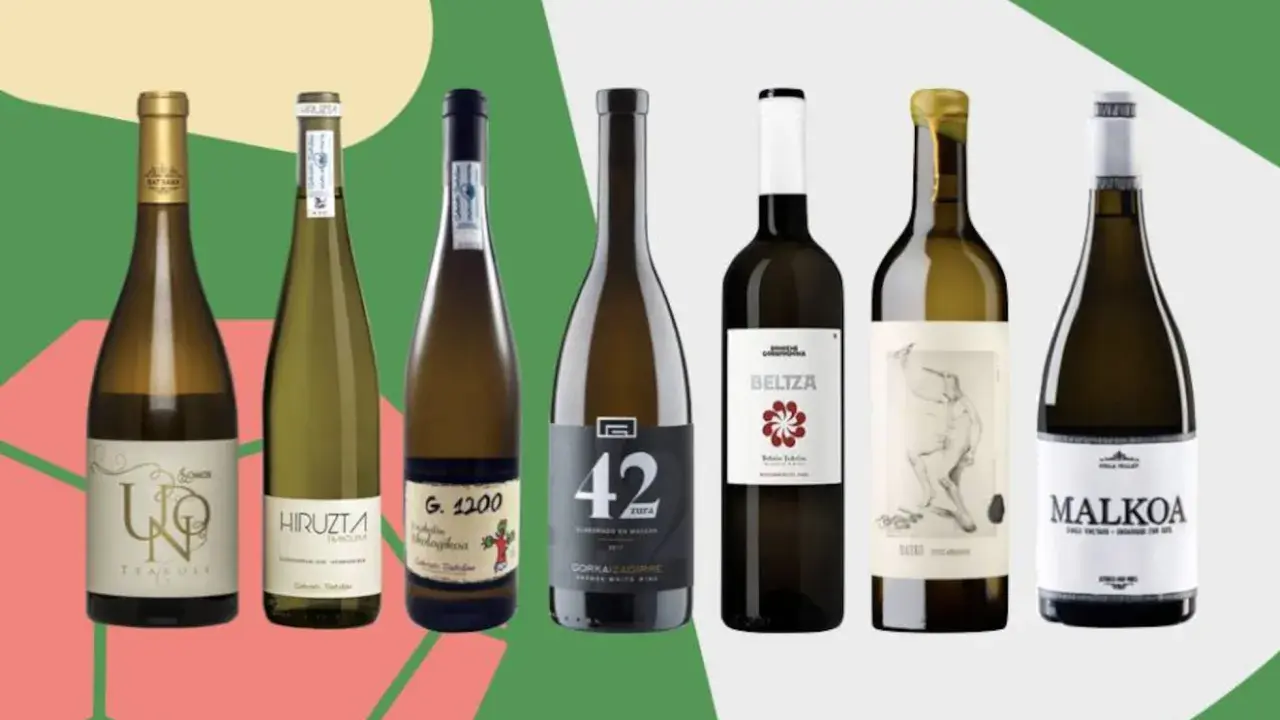 Seis botellas de vino blanco, algunas con etiquetas que sugieren ser vino típico de Bilbao, dispuestas sobre un fondo verde y rosa.