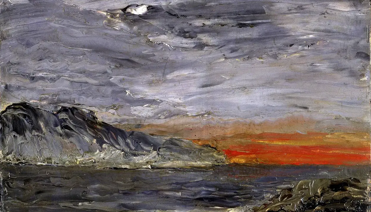 August Strindberg konst: Dramatisk kustvy med mörka berg, stormigt hav och en glödande solnedgång.